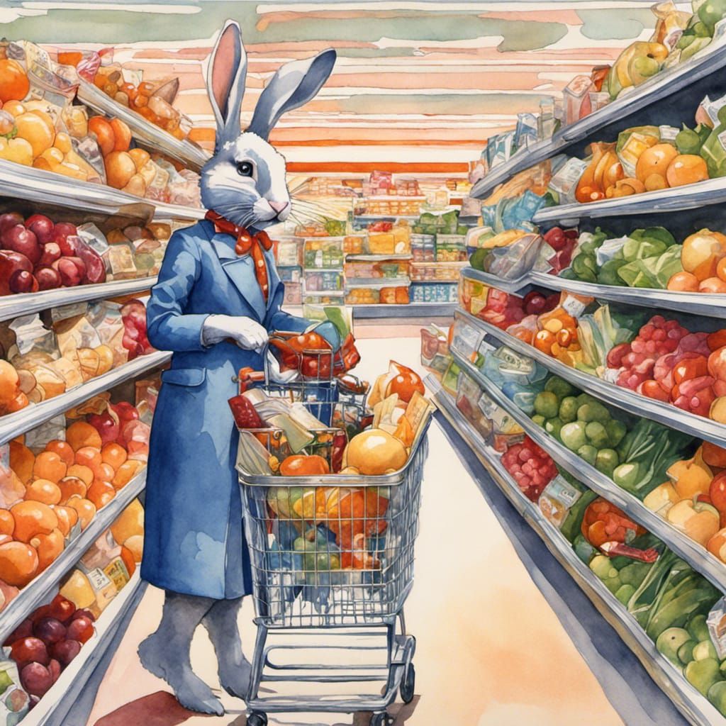 Detailed beautiful anthropomorphic bunnies shopping in a sup...