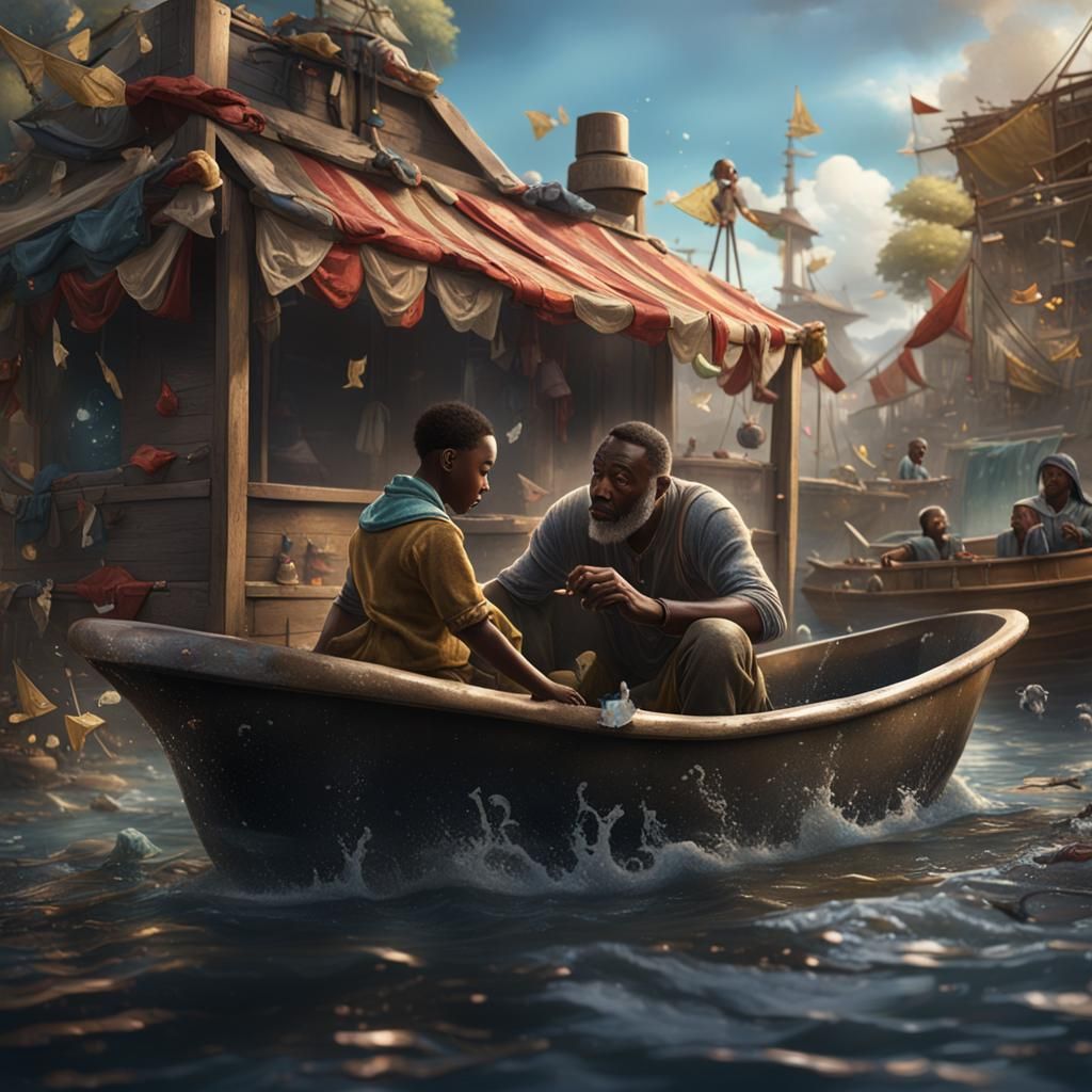 A waterworld where families travel about in bathtub boats