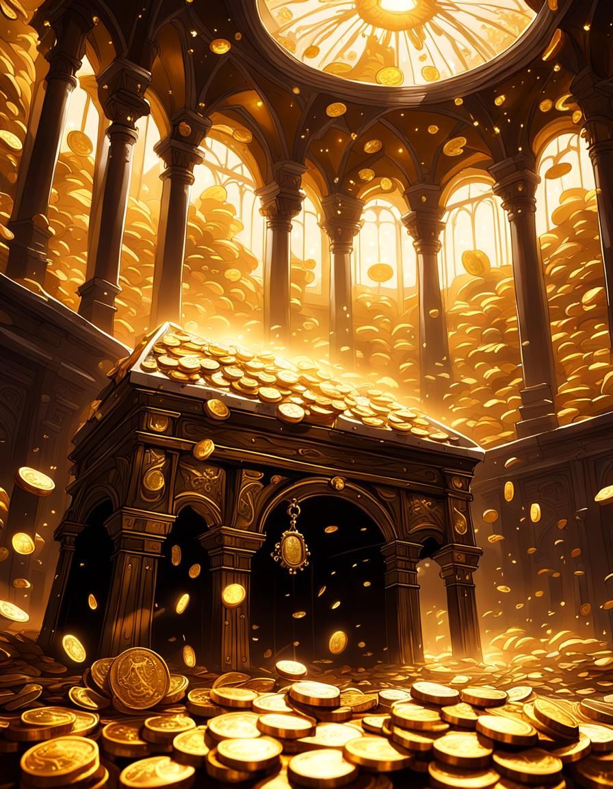 European fantasy setting. White, black and gold colors. Trea...