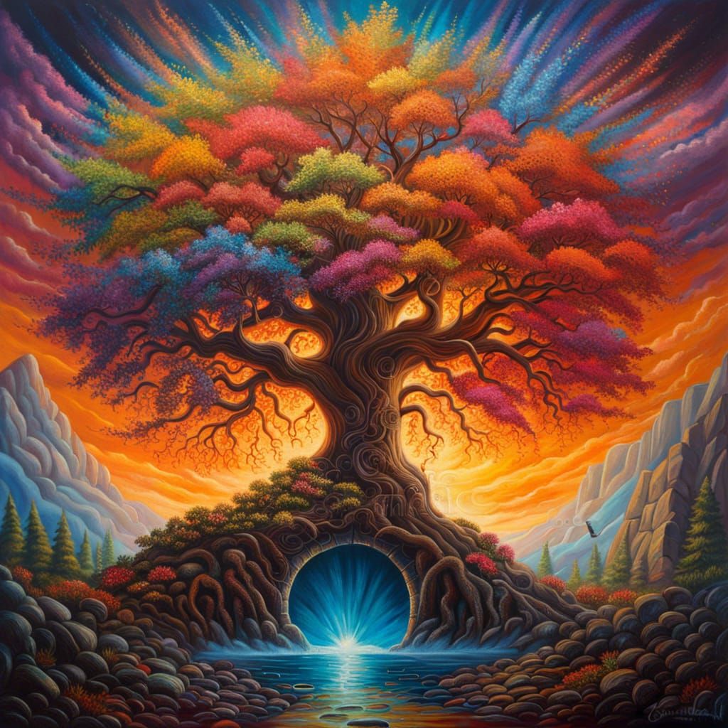 A magical tree, portal to heaven, an explosion of colors, intricate oil ...