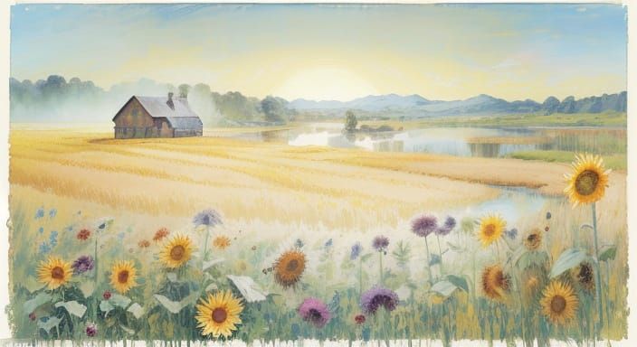 Surreal Summer Cottage by a Lake with Sunflowers and Wheat F...