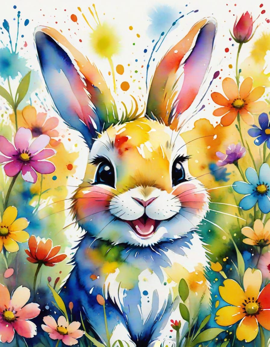 Laughing Anime Bunny Rabbit in Watercolor Splash Art  by @AmadaTakako773