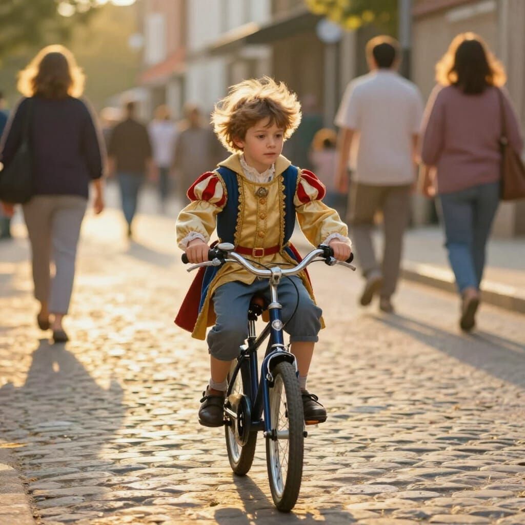 Prince on Bicycle in Impressionist Golden Hour Style
