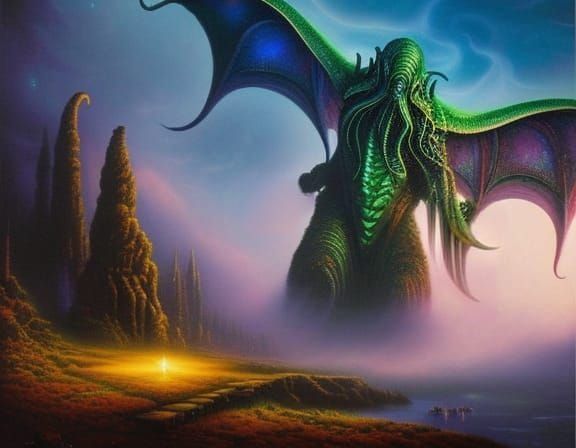 cthulhu, ethereal fantasy hyperdetailed mist Thomas Kinkade H.R. Giger ...