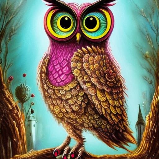 Whimsical Clockwork Owl Creature in Storybook Style