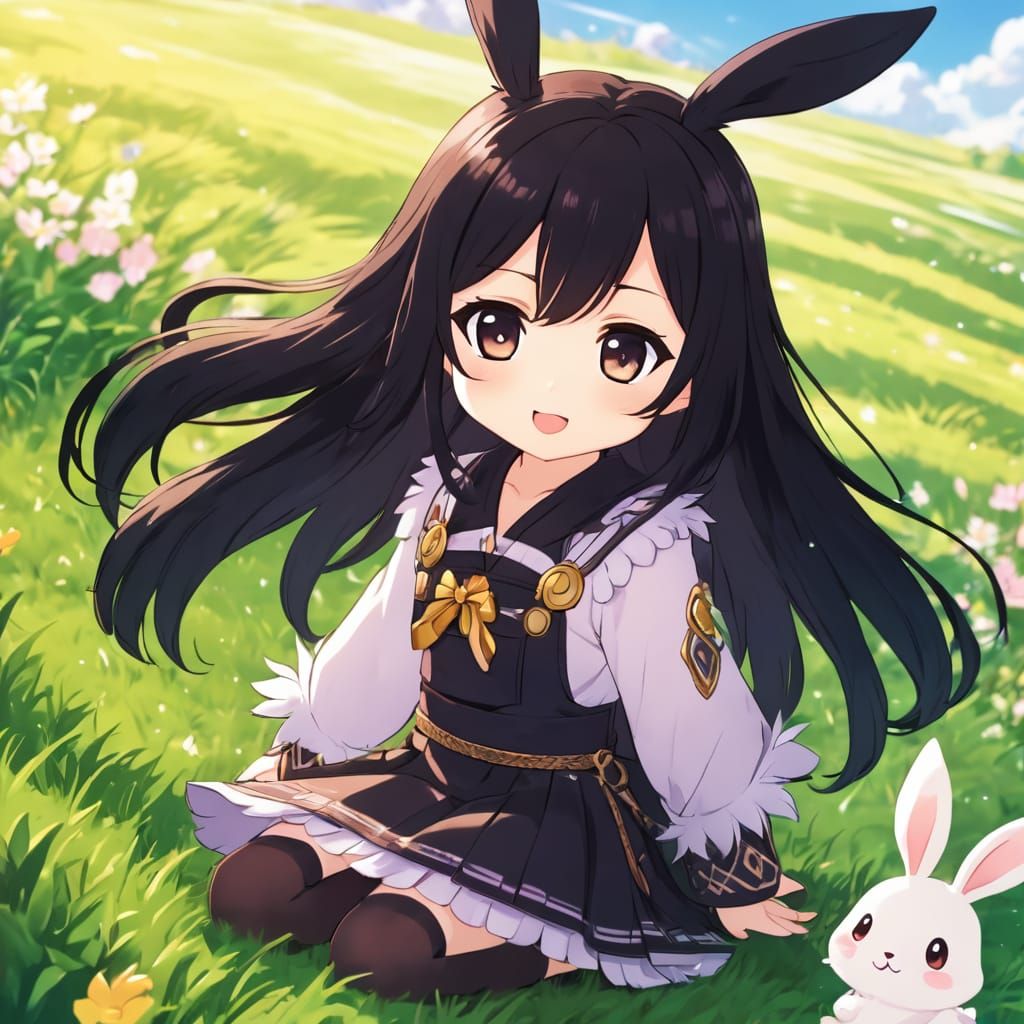 Moon in the grass field with rabbits