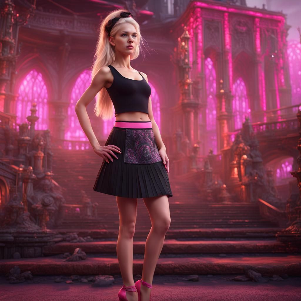 A blonde girl in pink skirt, black top and pink high heels a...