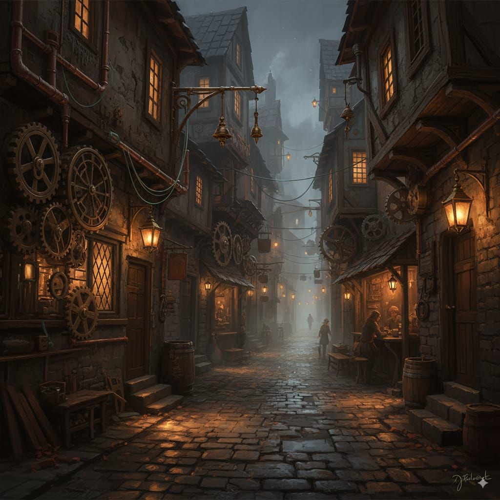 Steampunk alleyways at night