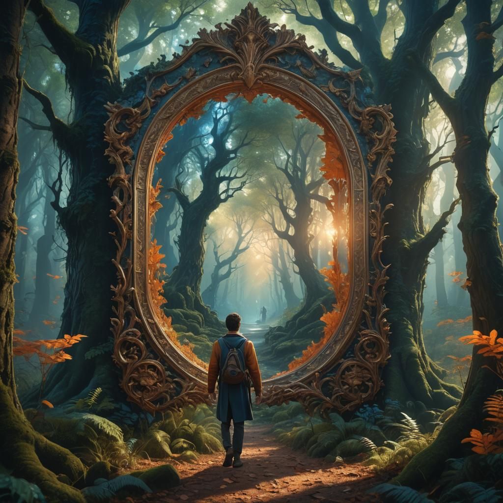 Man Walks Through Mirror into Mystical Forest