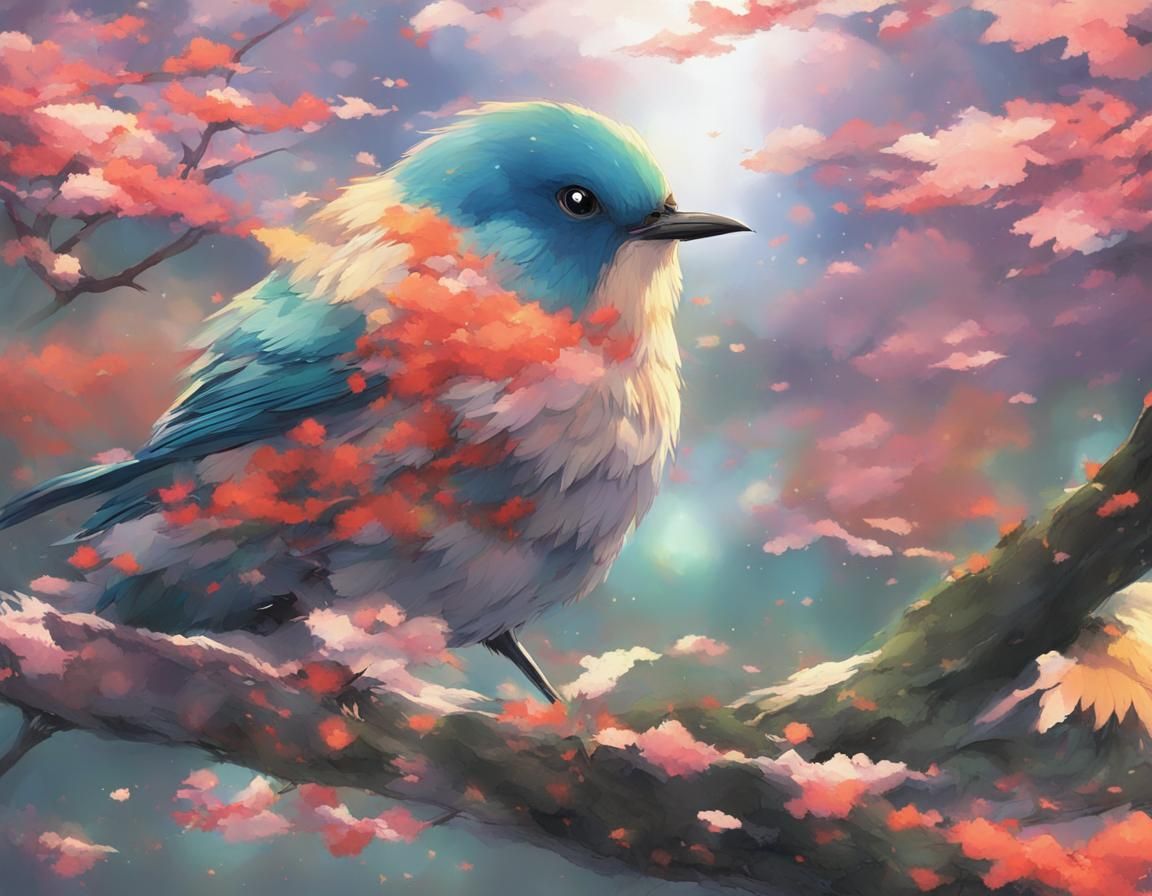 An anime picture in the nature of birds, colors, trees and l...
