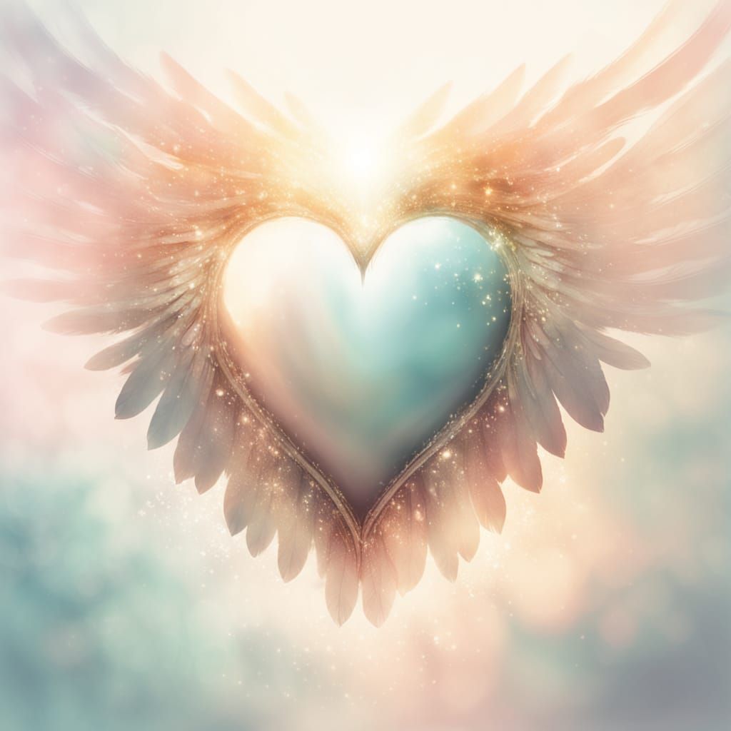 Angel heart with Wings in golden And pastel colors