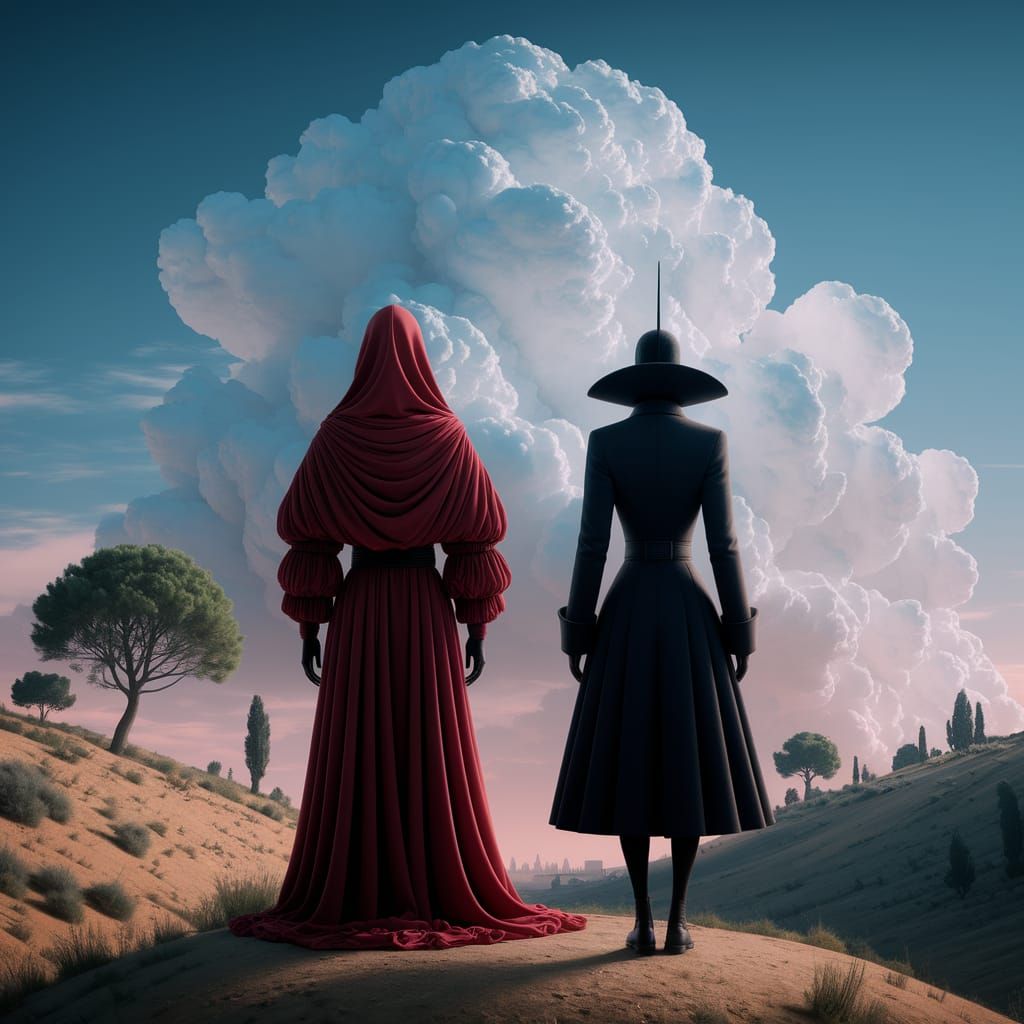 Two mysterious figures, with their backs to the viewer, stand on slightly elevated, earthy ground that gently slopes towards the horizon. 