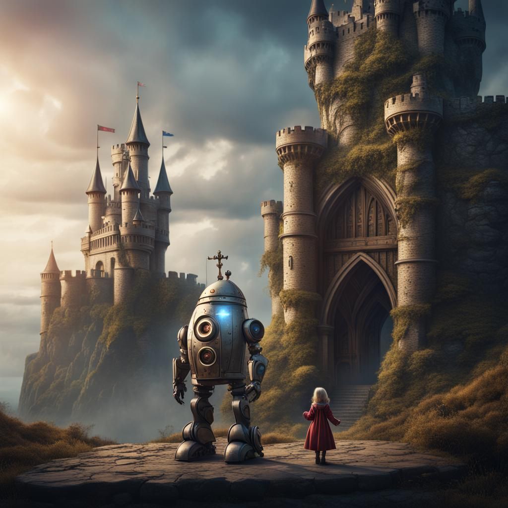 Robot Protecting the Little Princess in a Midevil Castle. King Arthur is watching  by @KLOlson