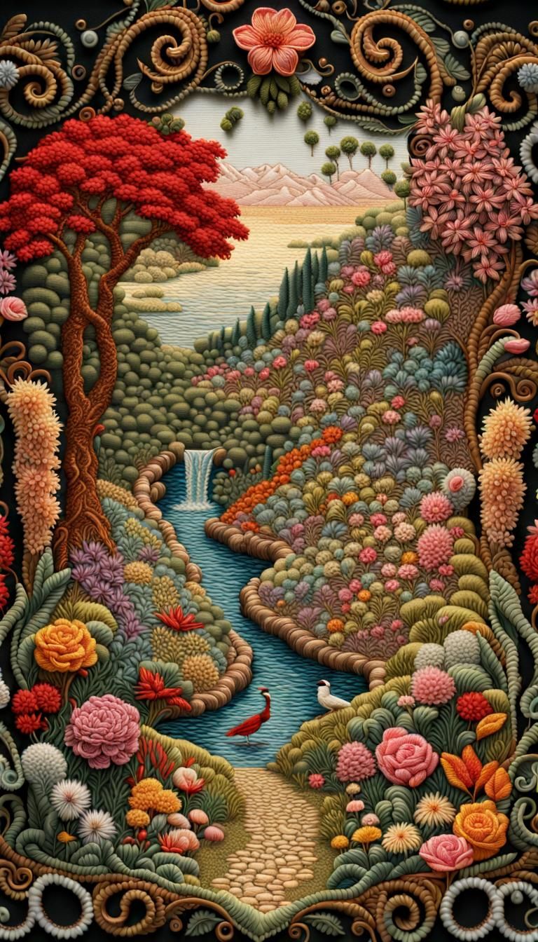 Garden of Eden Embroidery, Fine Detail, woven scene, fabric,...