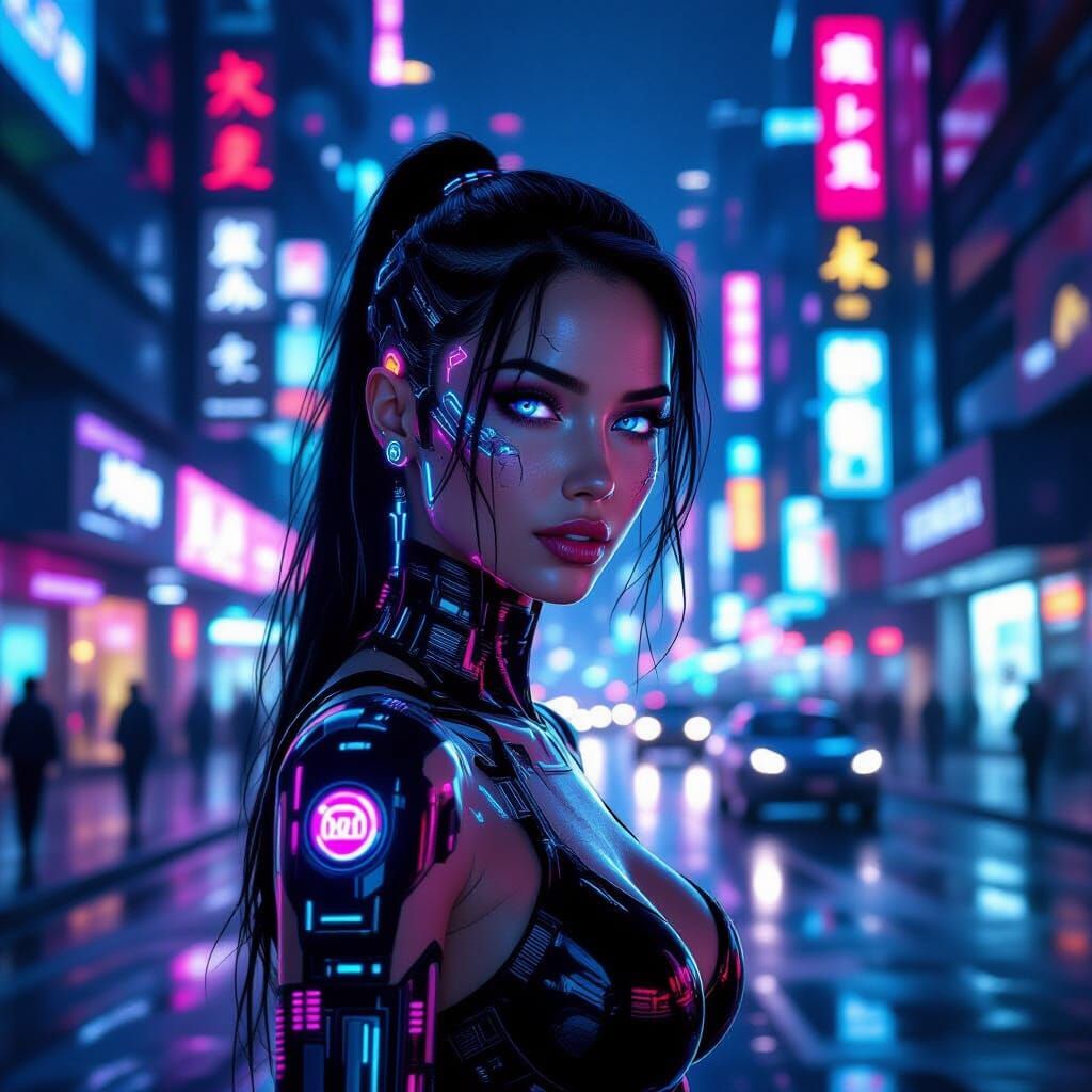 Futuristic Woman With Cybernetic Implants On Neon City Stree...