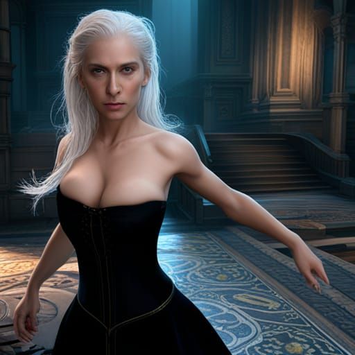 young woman with silver blonde hair wearing black a black gown