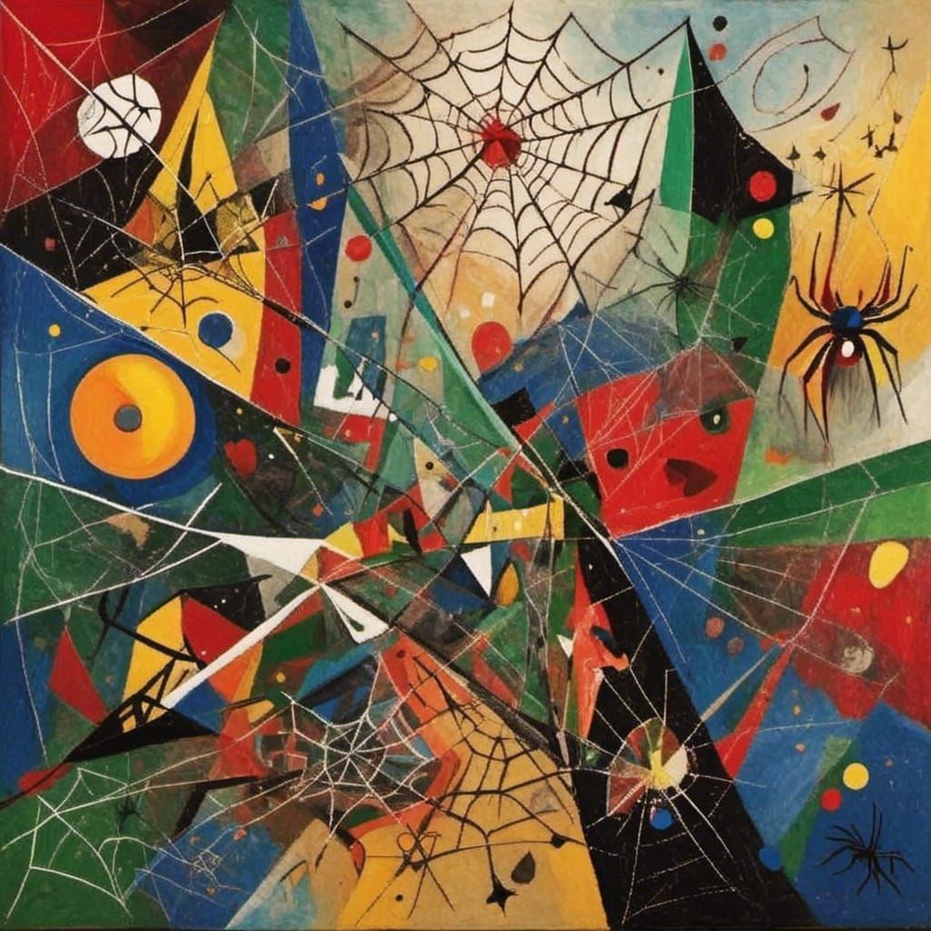 <lora:Peppermint Snow:1.0> Spiderweb and spiders in the style of Joan Miro 