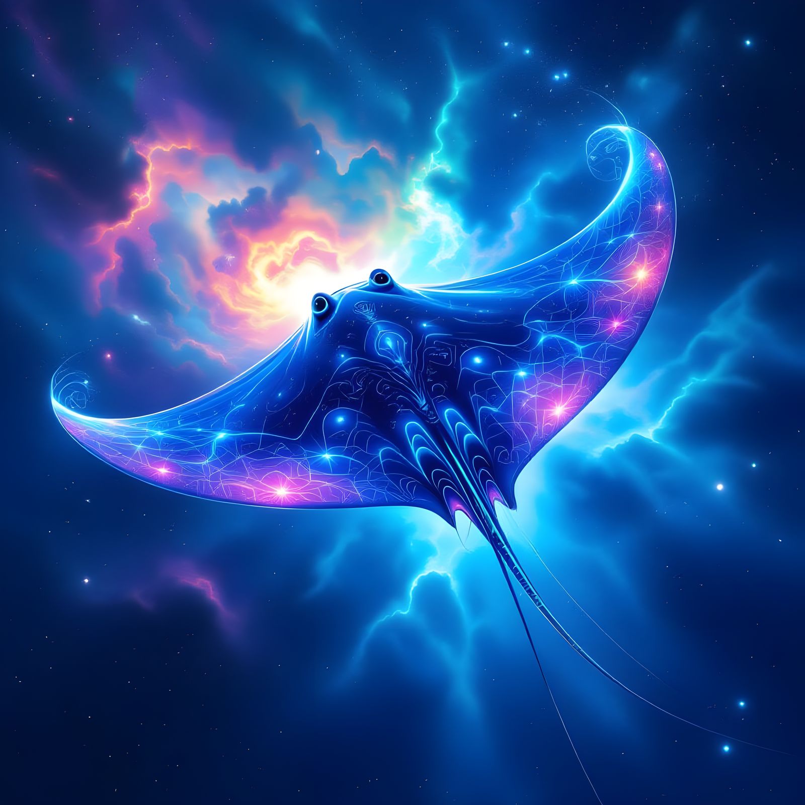 Imagine a colossal, bioluminescent stingray, its bell a swirling galaxy of colors, drifting through a ...  by @earlstringerjr