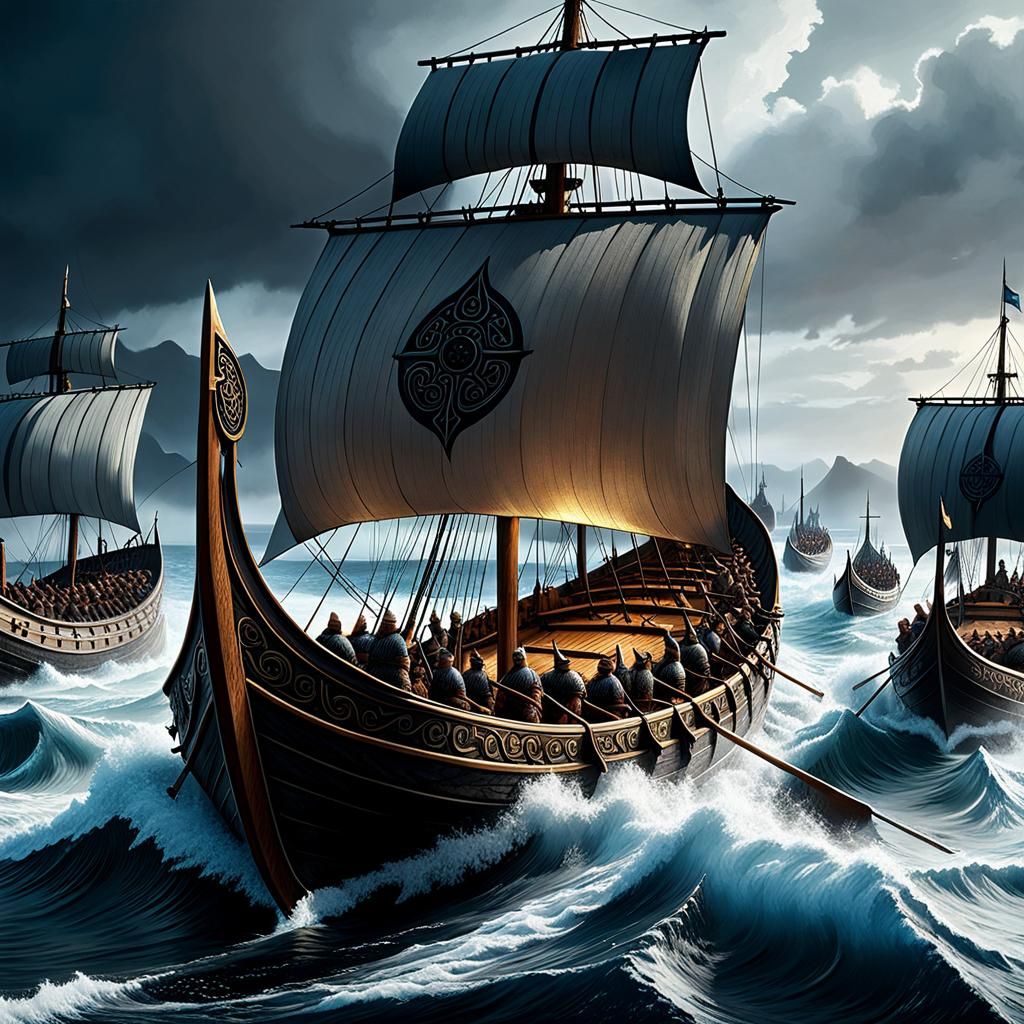Viking long boats, full of warriors, battle the rough seas, ...