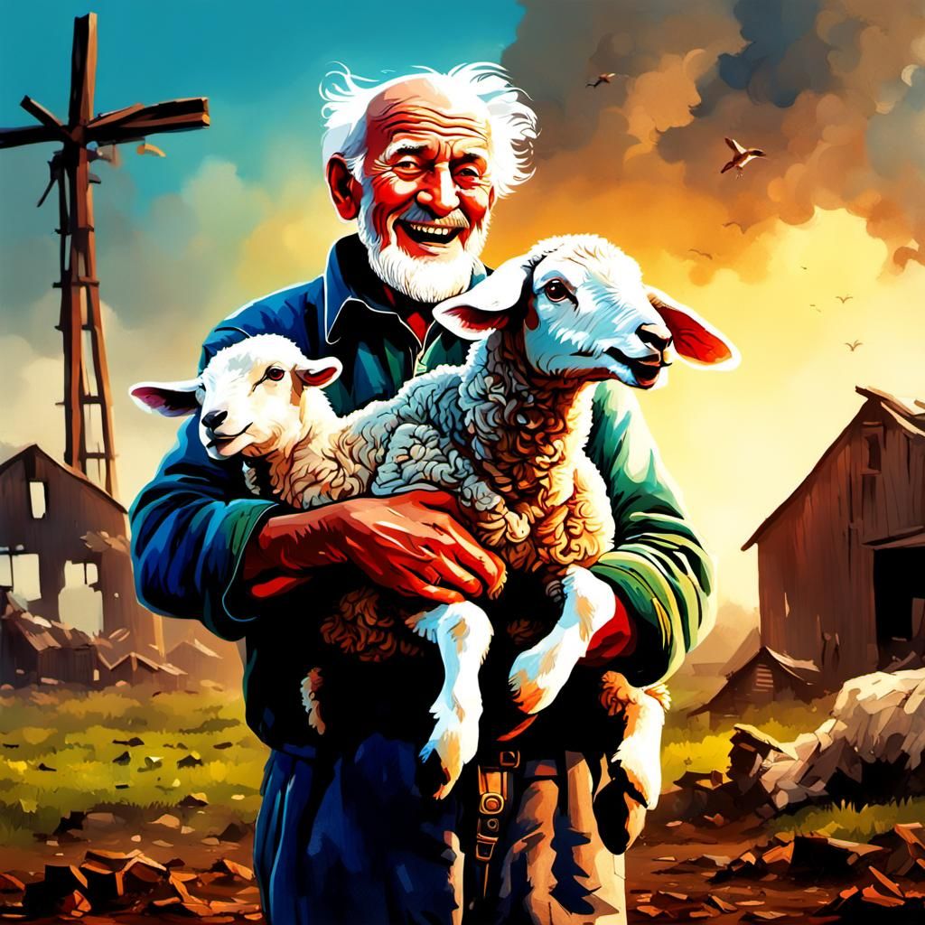 A cheerful old man holding a lamb aloft at arm's length, enj...