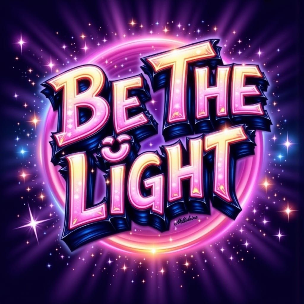 the words "Be The Light" in crazy font, over purple and pink star gradient background <lora:Grab Bag-Surprise:1.0> 
