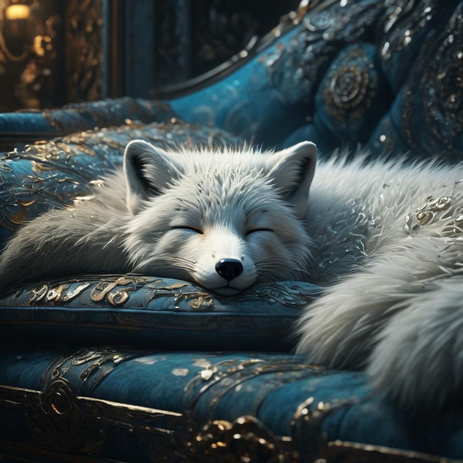 stunning dark image of a cute adorable wacky arctic fox sleeping laying