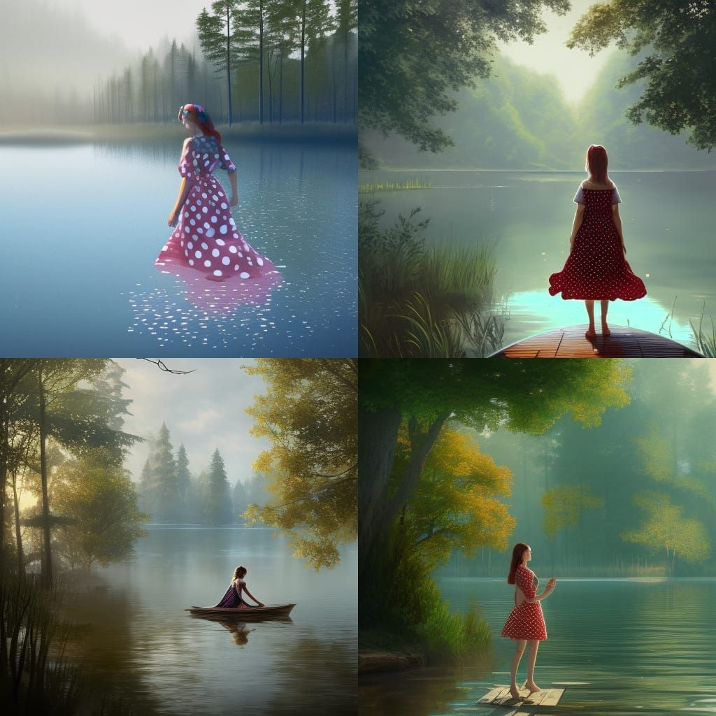 a girl on a boat in the middle of a forest lake in a summer ...
