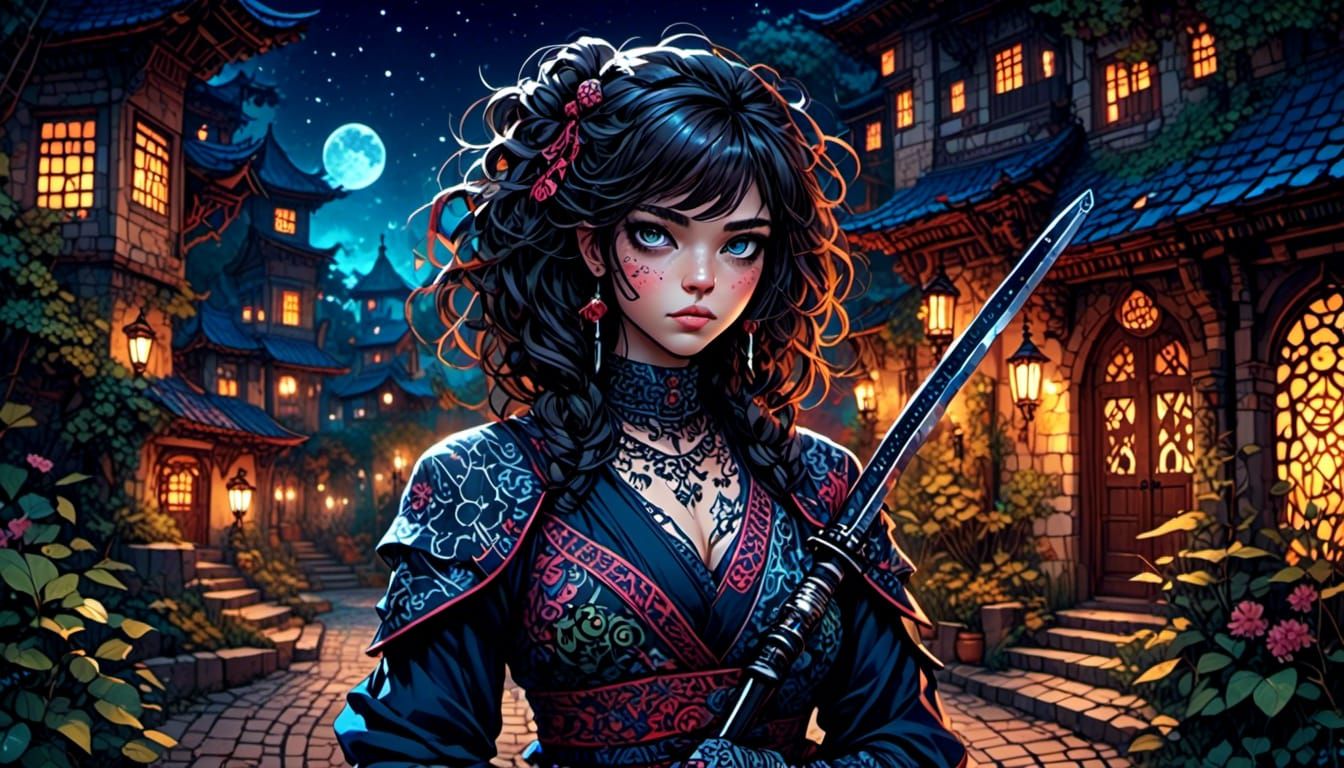 Punk Ninja Under Moonlight in Anime Style