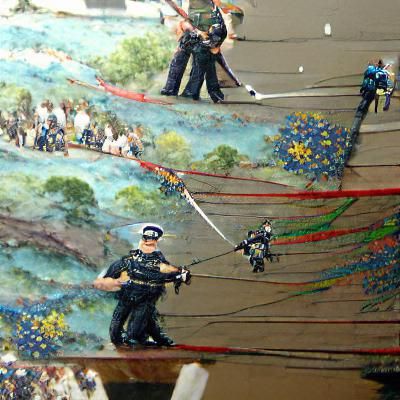 Armed police on a tightrope detailed painting