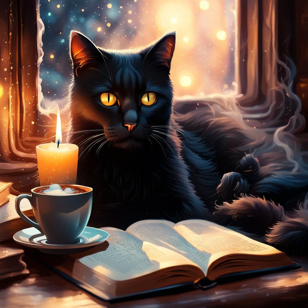 Whimsical Black Cat in Cozy Book Nook