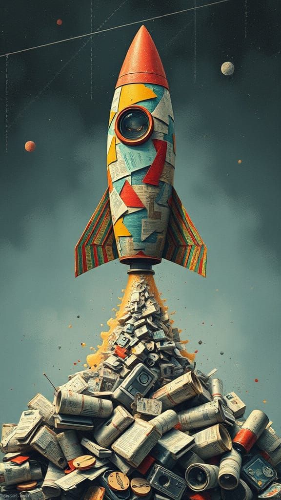 Retro-Futuristic Rocket Launch: Fabric Collage Art