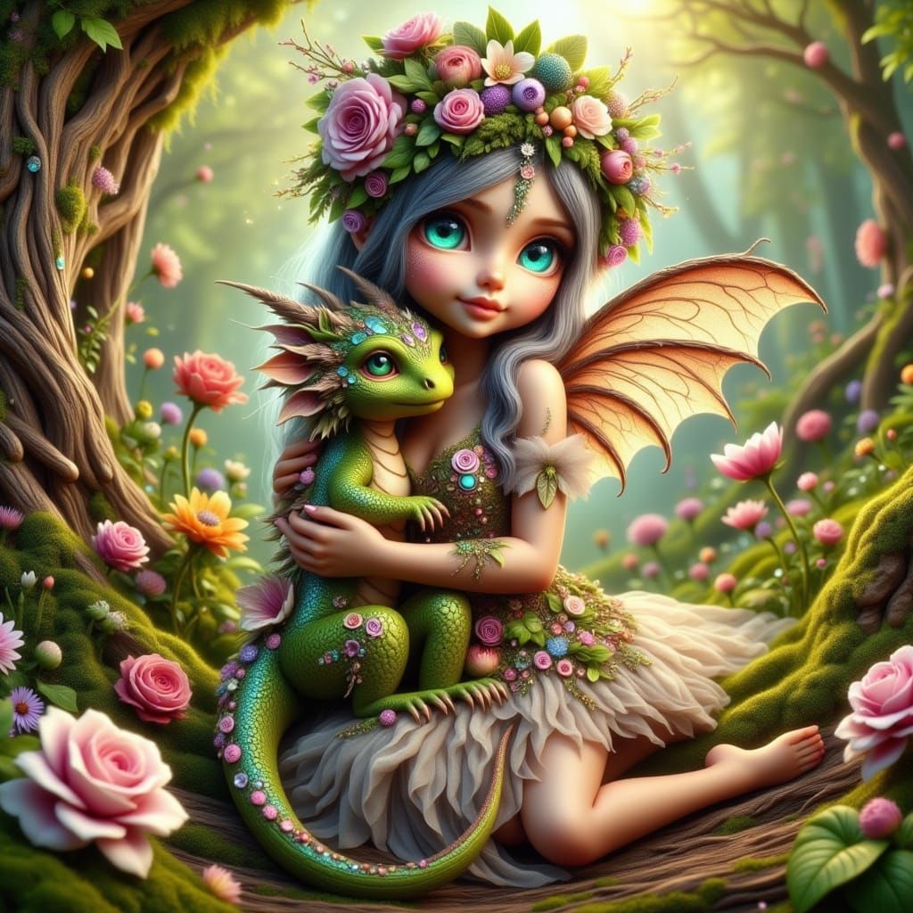 Whimsical Earth Fairy and Baby Dragon in Lush Arcadian Lands...