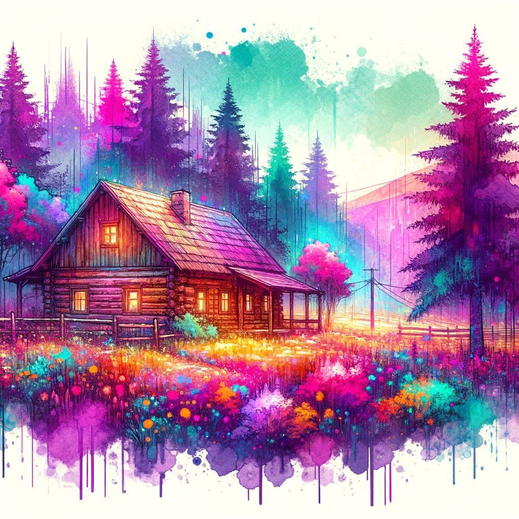 Vibrant Synthwave Watercolor Landscape with Rustic Cabin