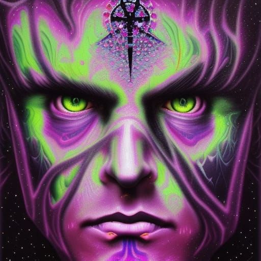 hyperdetailed oil on canvas, Ville Valo, his striking green eyes, his ...