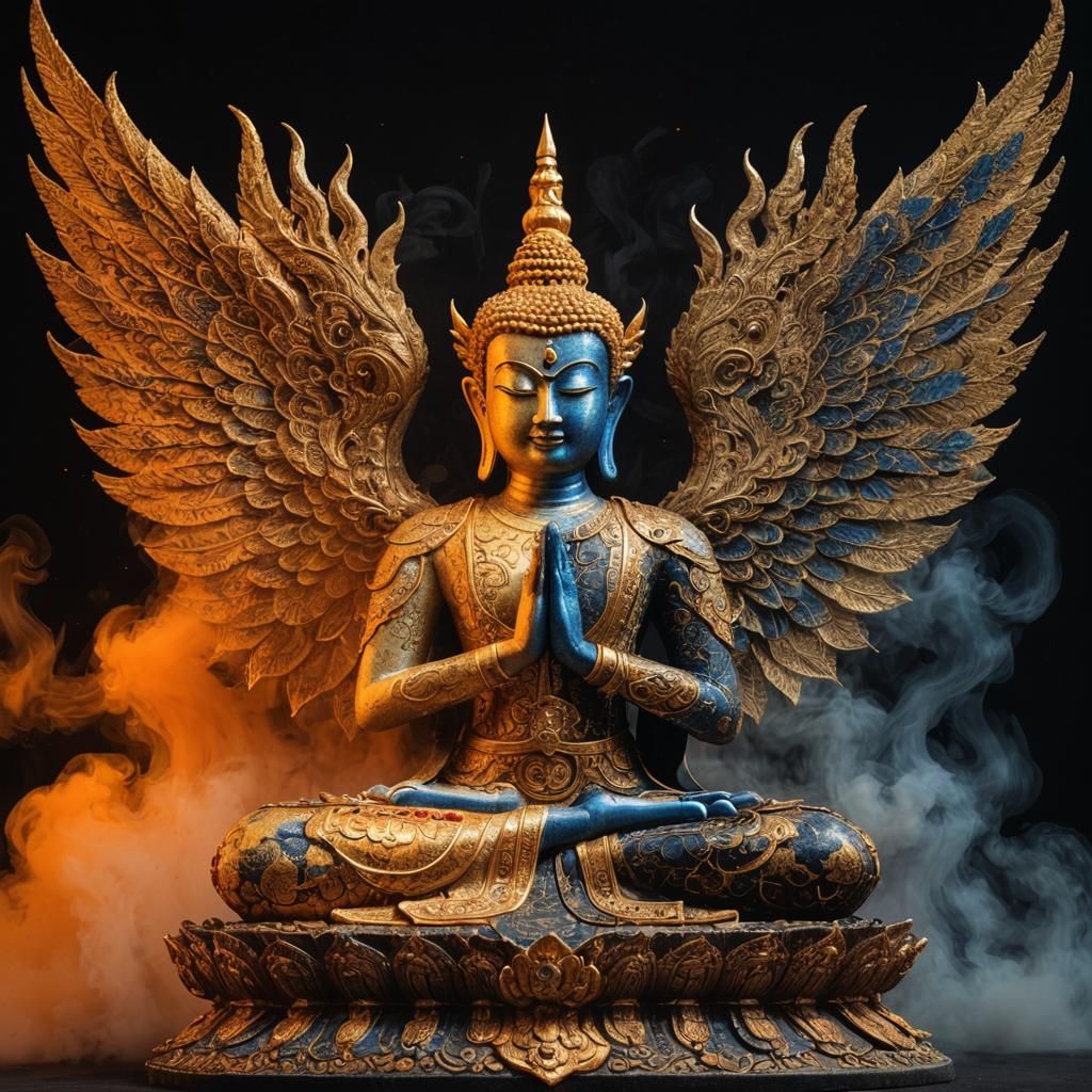 Concept (figure) full body of a Buddha and half body is a De...