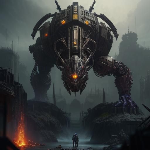 Cyberpunk Three-Headed Dog Emerges from Volcano