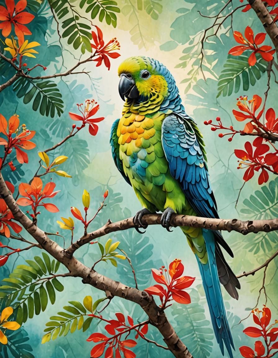 Parakeet on the branch of a Royal Poinciana tree  by @Uttia Majumdar