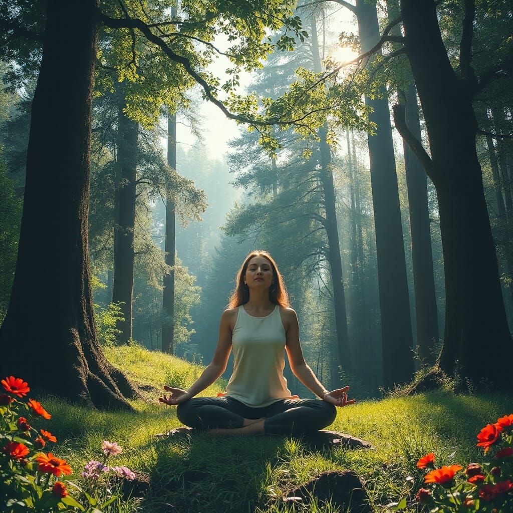 Serene Woman Meditates in Enchanted Forest Glade