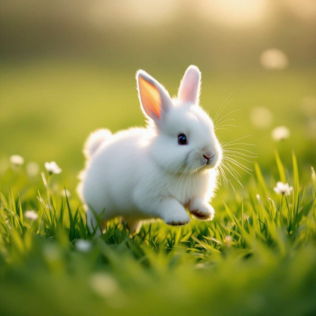 Fluffy White Bunny Leaping in Spring Meadow