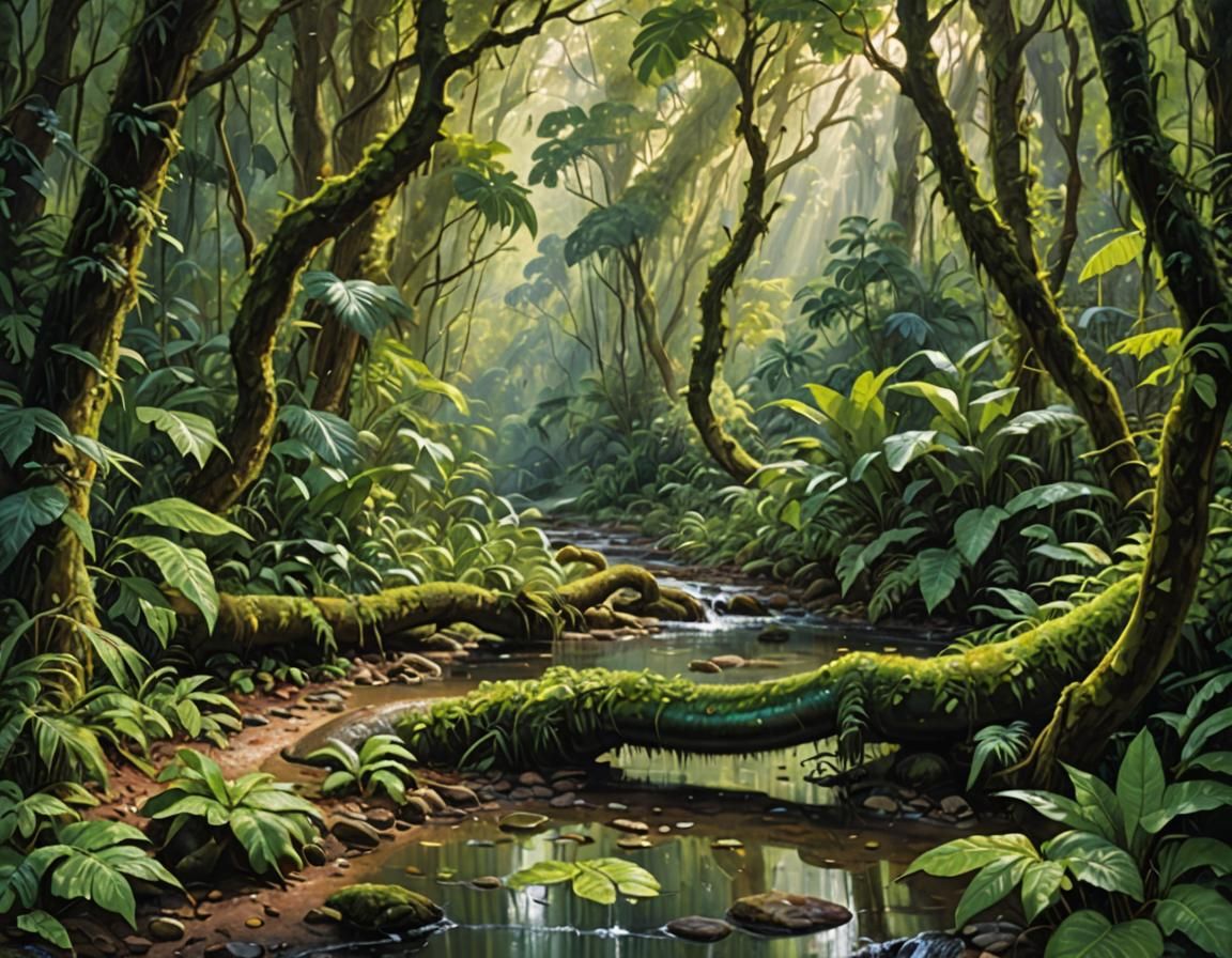 A dense rain forest  with sunlight filtering through the can...