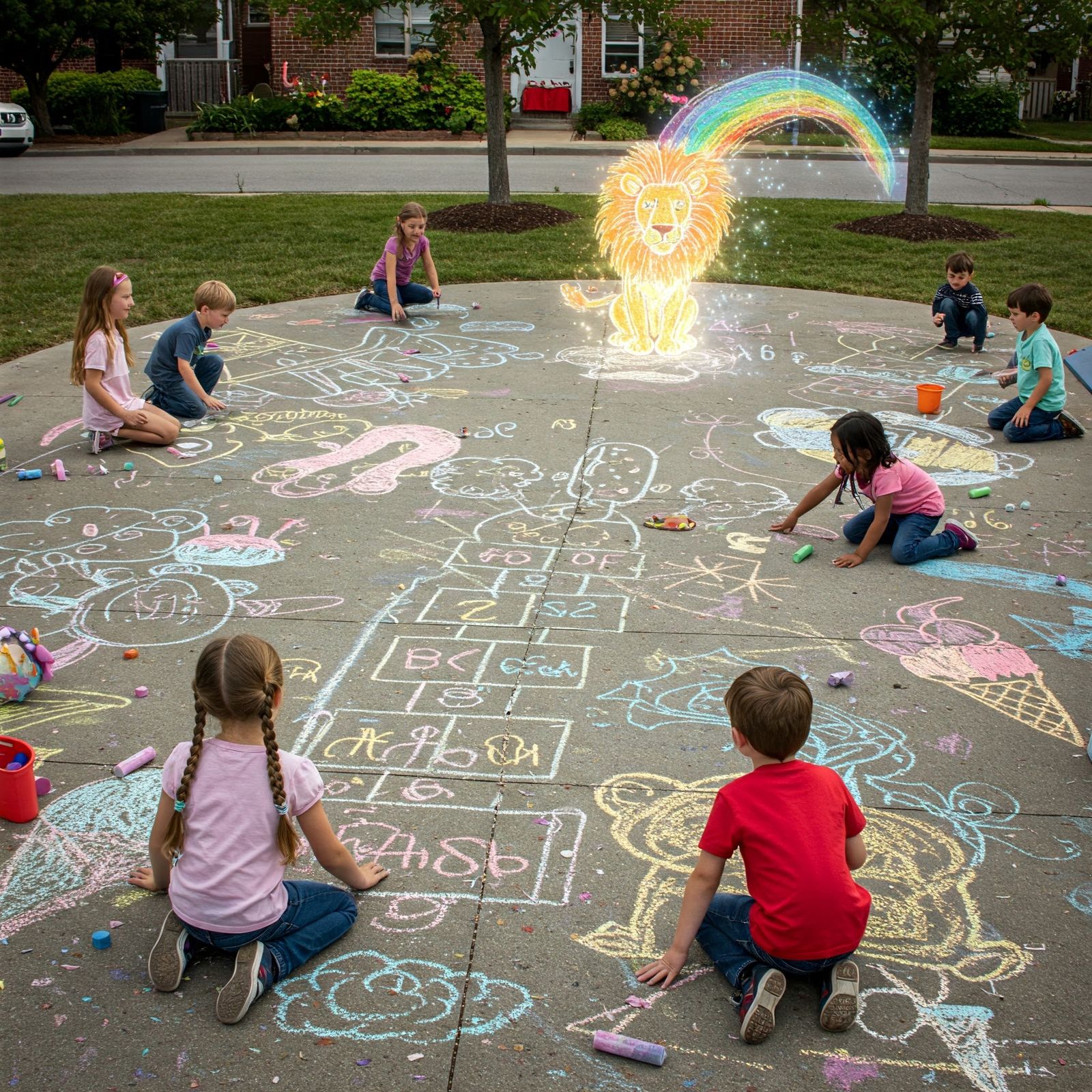 Kids creating sidewalk murals