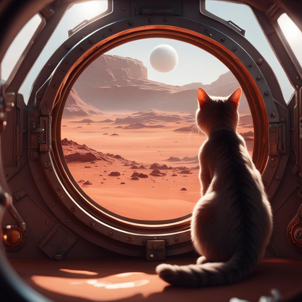 a cat look the Valles Marineris from a porthole inside a Mar...