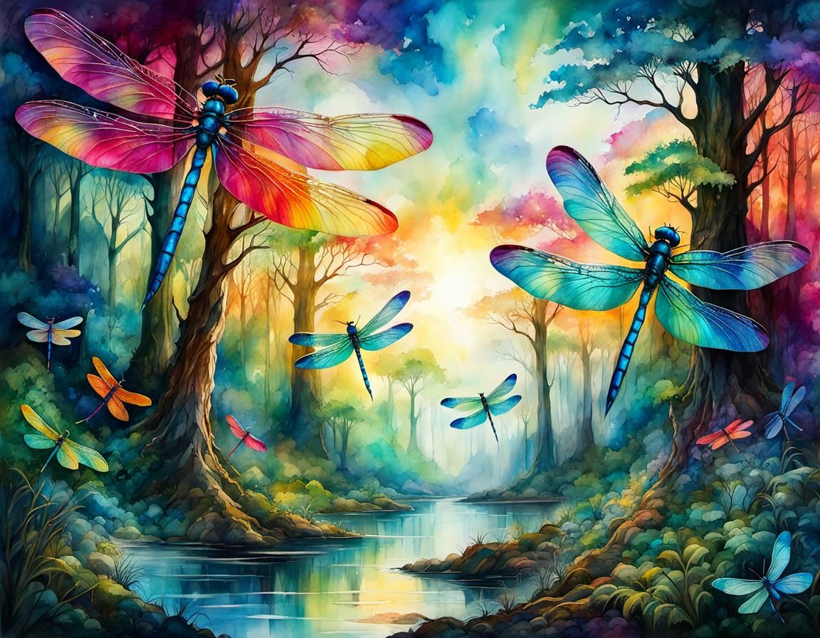 Colorful Dragonflies on Silk - AI Generated Artwork - NightCafe Creator