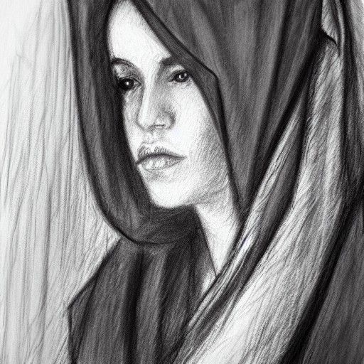 portrait of a woman wearing scarf big nose small lips charco...