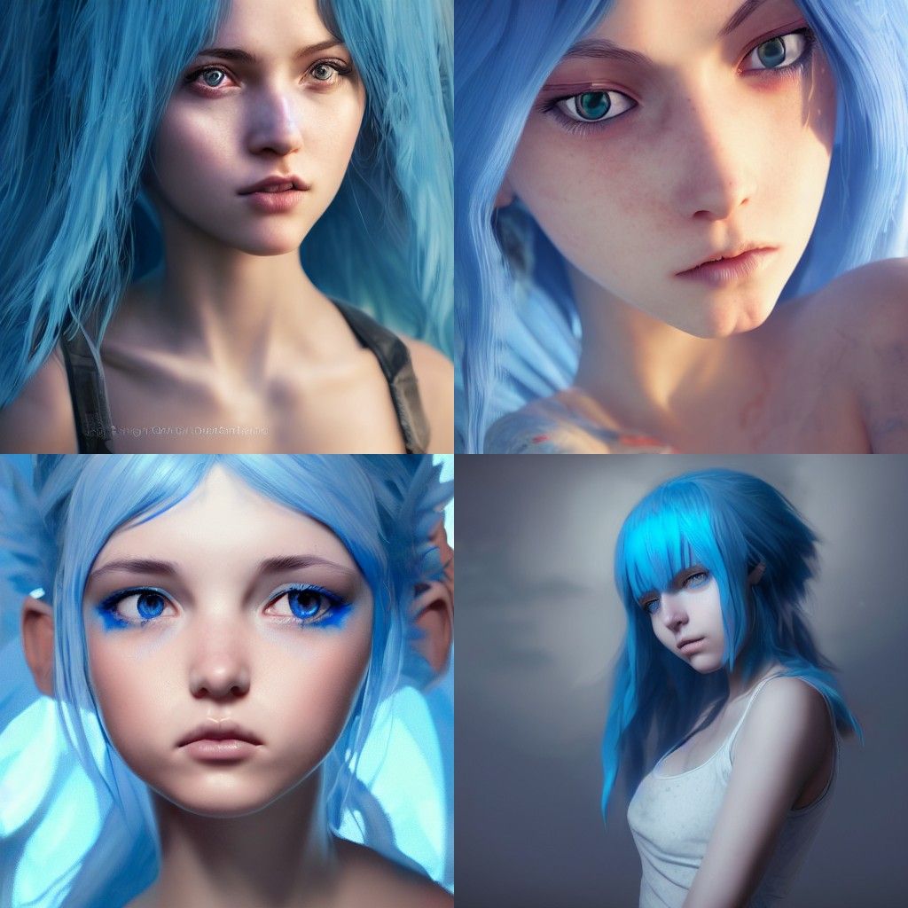 portrait of a young beautiful girl with blue hair, seraphic, cute, pure ...