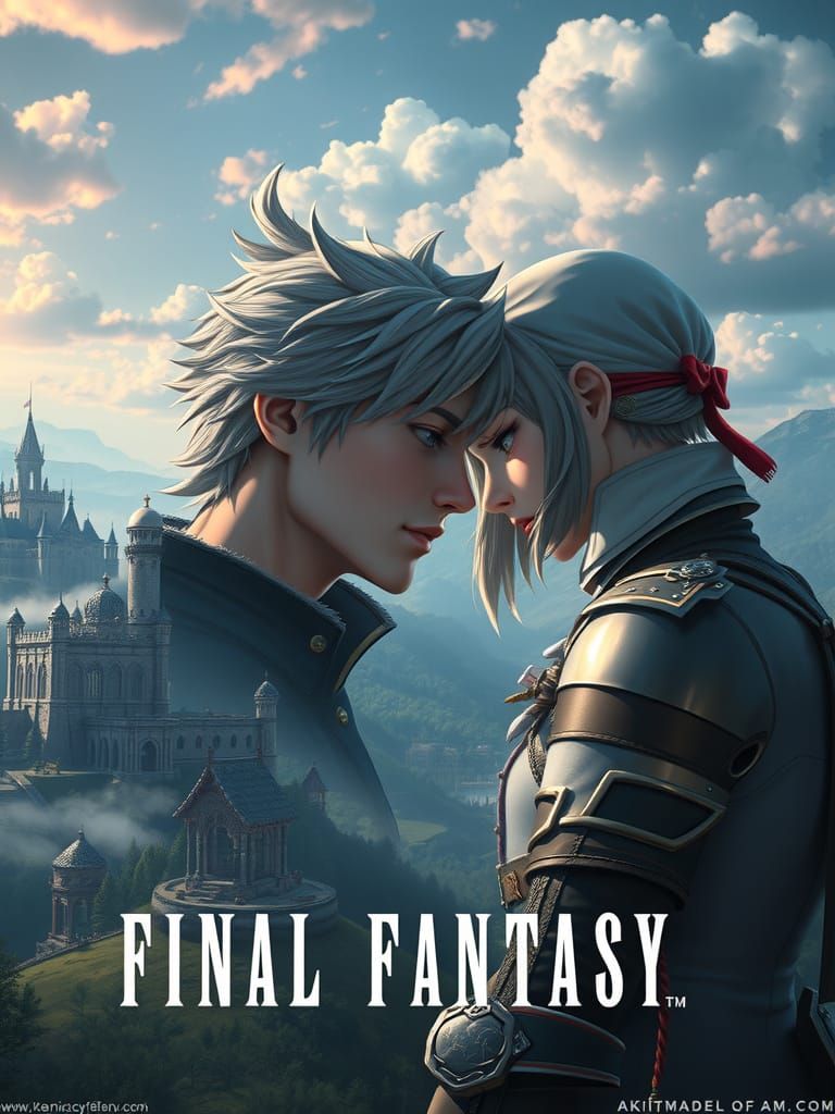 Video game cover for a new final fantasy game, the protagonist and his love interest exude subtle passion in their eyes, with a castle and v...
