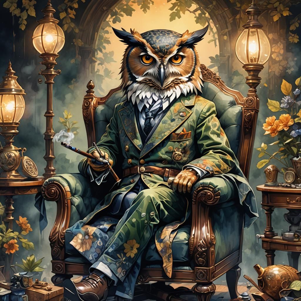 owls smoking pipe sitting in a chair (light at dawn:1.9) (wa...