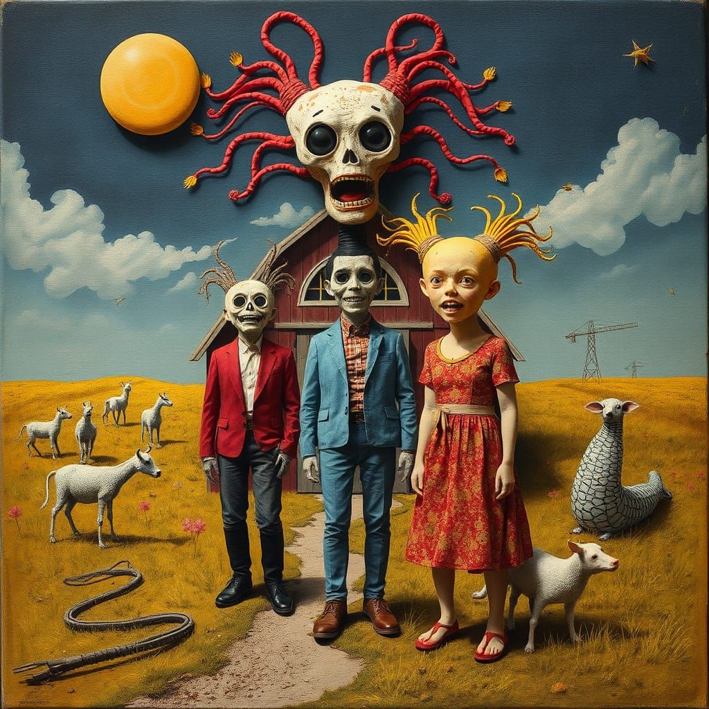 Surreal Asylum Scene in Mixed Media Style