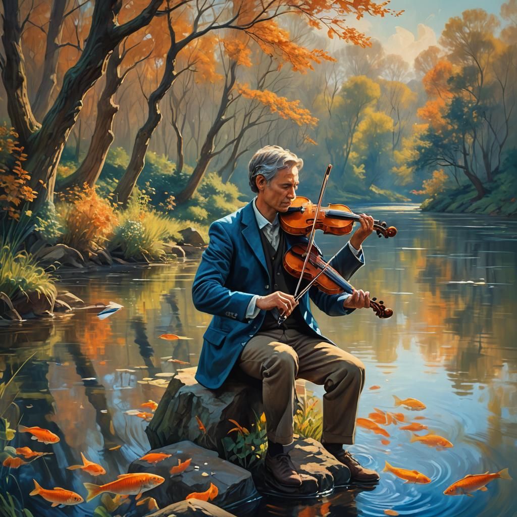 Riverbank Violinist in Old Masters Style
