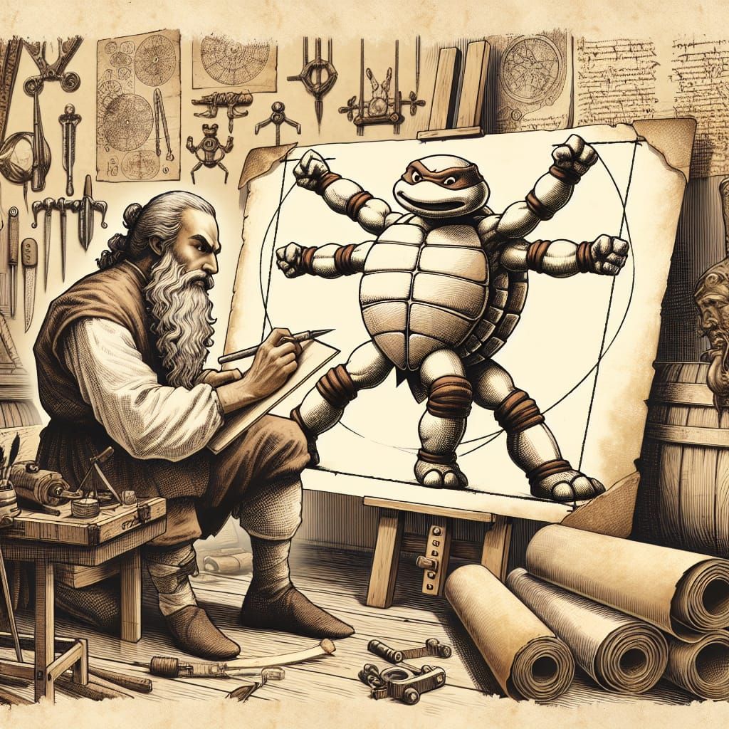 Leonardo da Vinci developping the ninja turtle  by @Ursula